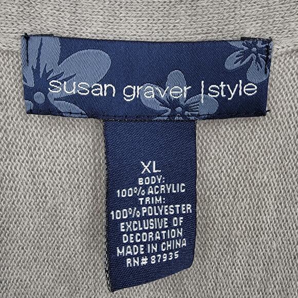 Susan Graver Cardigan Womens XL Gray Mesh Botanical Cutout One Button Snap - Picture 9 of 11
